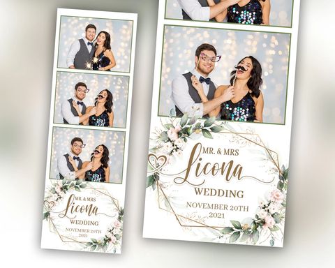 Custom-designed wedding photo booth print strips with the couple's names